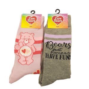 Care Bears Cartoon Mens Sz 6-12 Pink Gray 2 Pair Novelty Graphic Crew Socks NWT